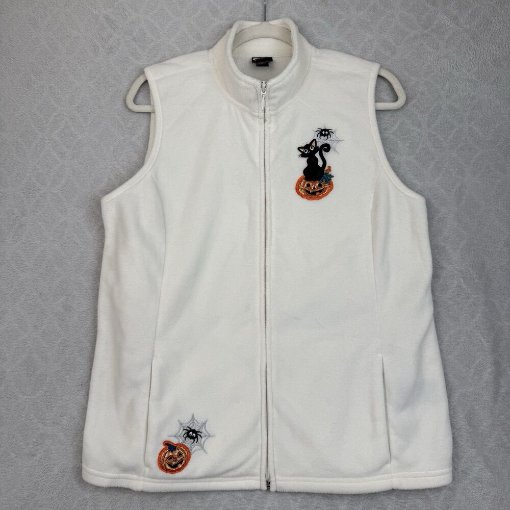 Holiday Edt Halloween Fleece Vest Womens M Pumpkin Black Cat Spiderweb 90s Fall